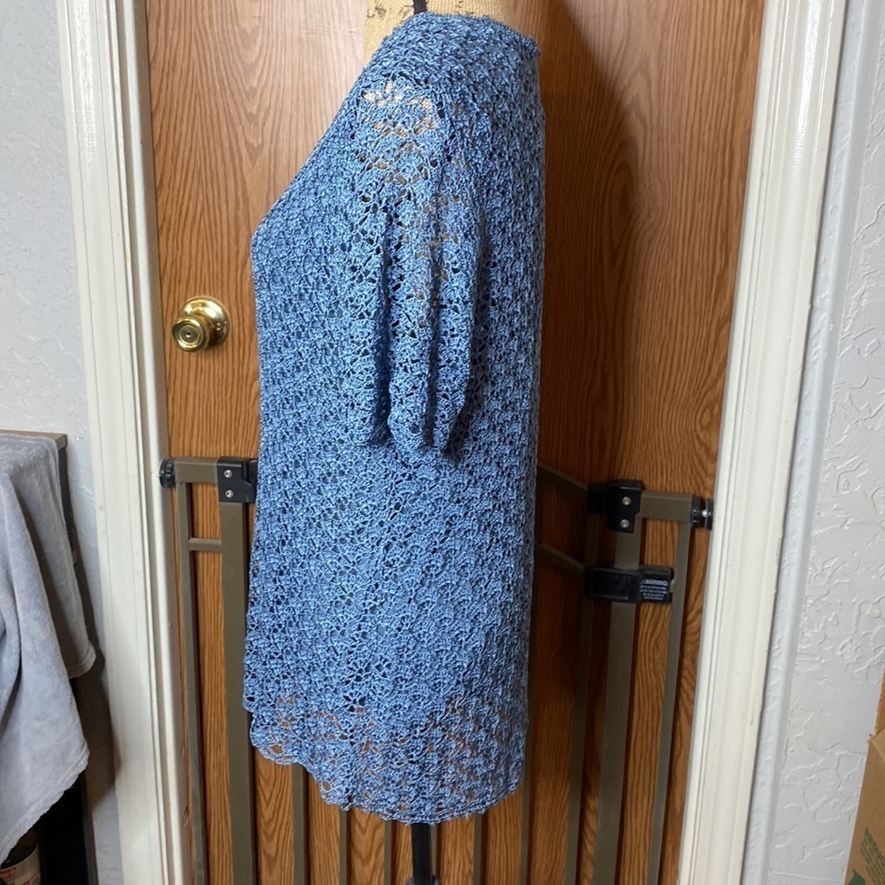 NWT Elisabeth Petite Blue Crochet Lace Top 1P Lined Short Sleeve Boho Blouse - Picture 3 of 9